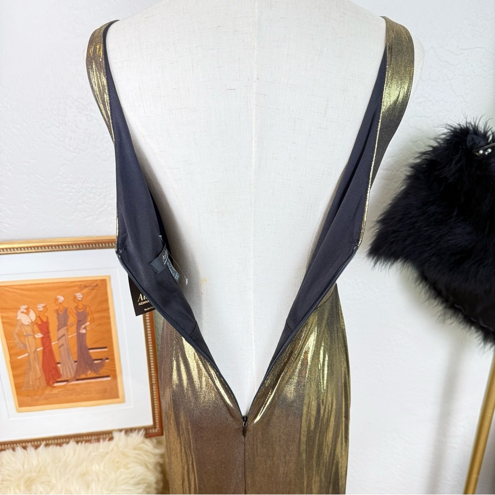 NWT Aidan Mattox Gold‎ Metallic Foiled V-Neck Evening Gown 2 Lame Glam Luxury - Picture 5 of 16